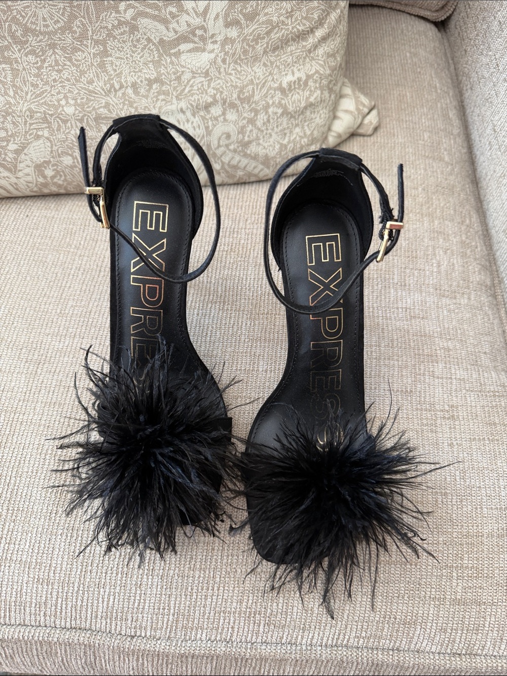 Express Black Feather Pom Ankle-Strap Heels
